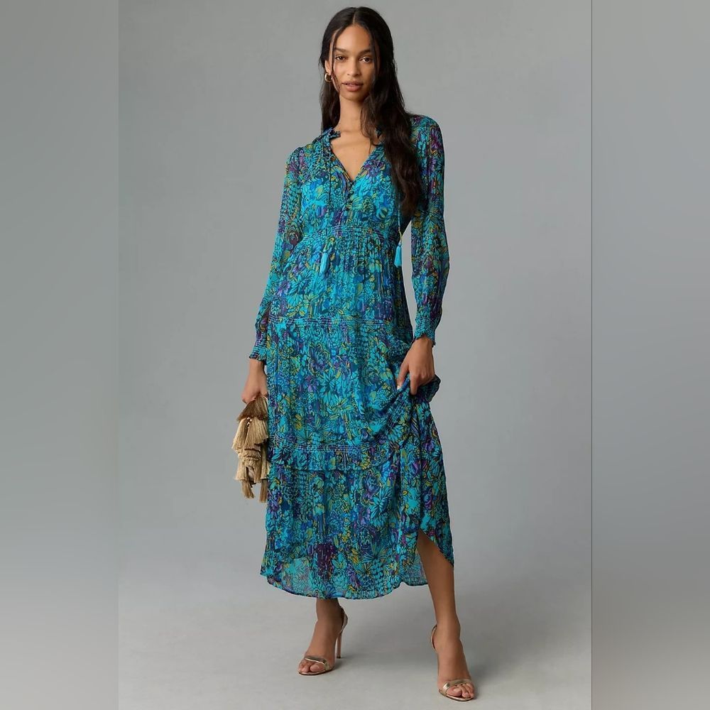 Anthropologie Teal & Blue Floral Maxi Dress